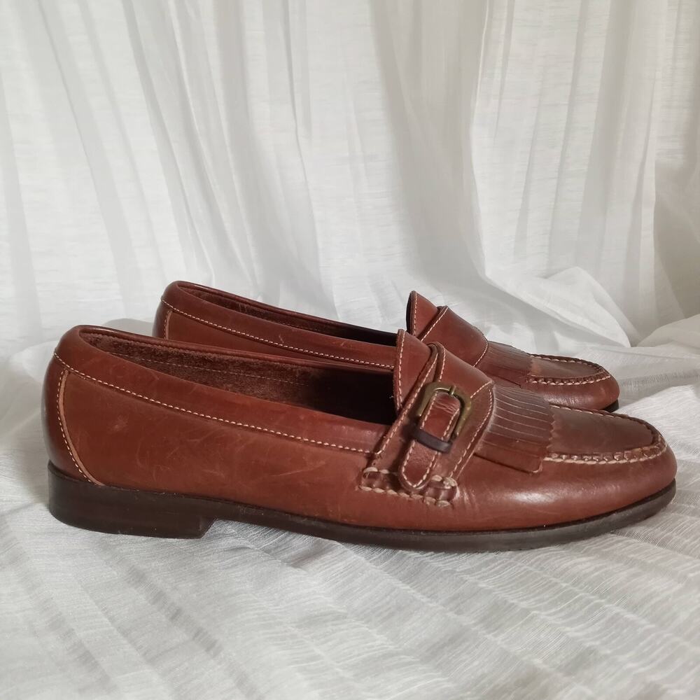 Cole Haan Leather Loafers Men SZ 11.5 Brown Slip On Dress Shoes Buckle Fringe